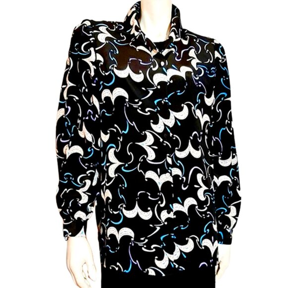 Emilio Pucci Tops - 1980s 90s Vintage Black Print Silk Designer Tunic Oversized Blouse Emilio Pucci